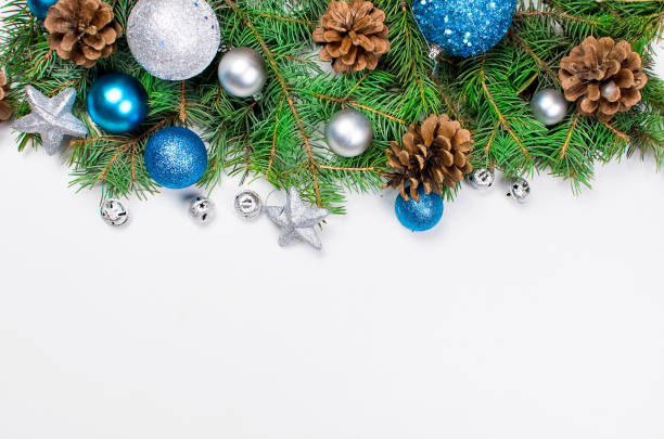 istock christmas background with fir, blue and silver balls 889108324