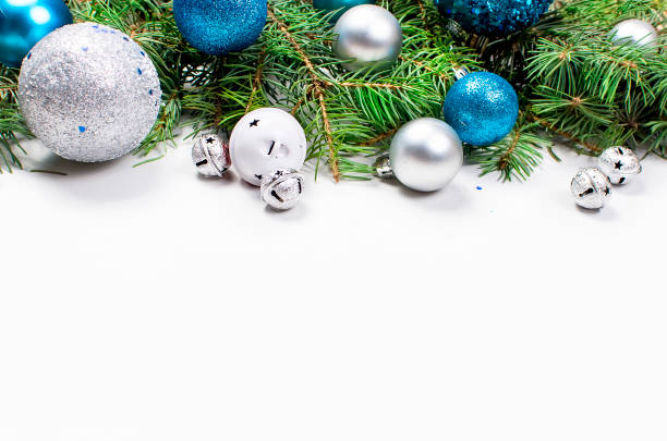 istock christmas background with fir, blue  balls 889108354