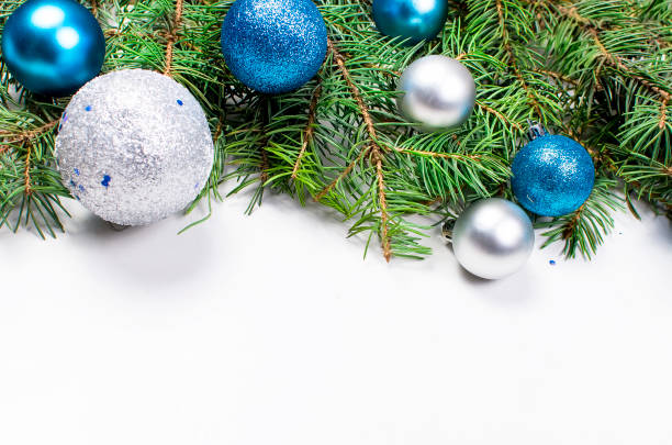 istock christmas background with fir, blue and silver balls 889108550