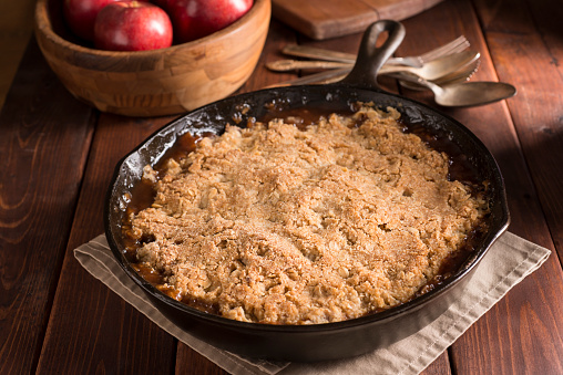 Apple Crumble (or Apple Crisp) baked in a cast iron skillet