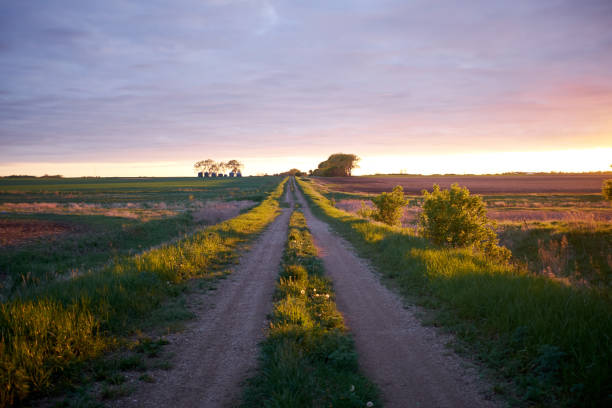 Idyllic rural scene with a country road at sunset stock photo