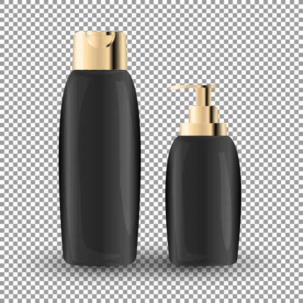 Vector illustration of Glamorous Hair Care Products black Packages on the  transparent background. Mock-up 3D Realistic Vector illustration