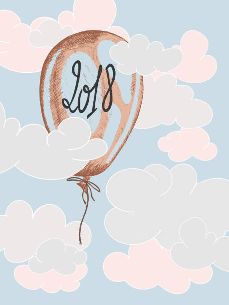 balloon with 2018 handwritten on it and floating in the sky in blue pink shades vector art illustration