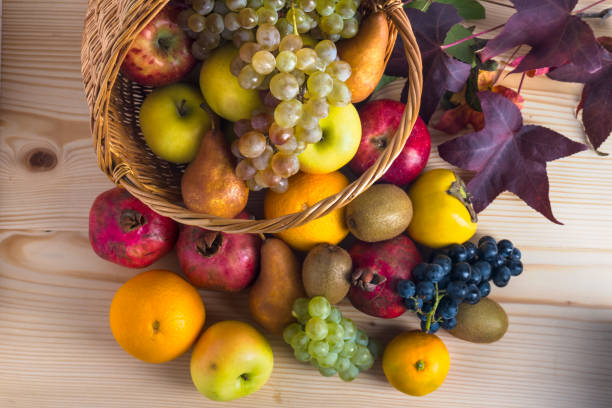 istock Composition with assorted fruits in wicker basket, healthy life 889160364