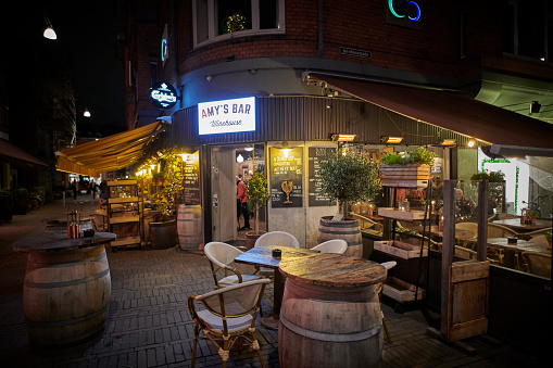 Odense, Denmark - November 31, 2017: Amy's Bar is a wine bar. Odense city has got several wine bars during 2017. Amy's bar is one of them. Friday night and few people have come yet as it is early evening.

