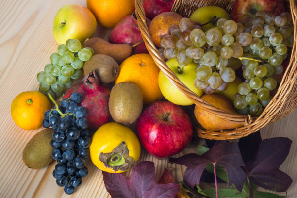 istock Composition with assorted fruits in wicker basket, healthy life 889160560