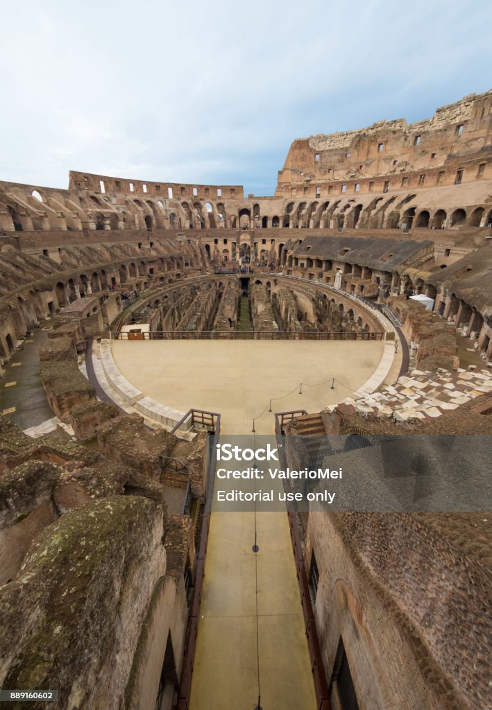 The Colosseum of Rome Rome, Italy - 3 December 2017 - The archeological ruins in historic center of Rome, named Imperial Fora. Here the interior of Colosseum. Amphitheater Stock Photo