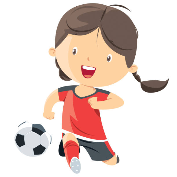 ilustraciones, imágenes clip art, dibujos animados e iconos de stock de niña jugando al fútbol - delantero de fútbol