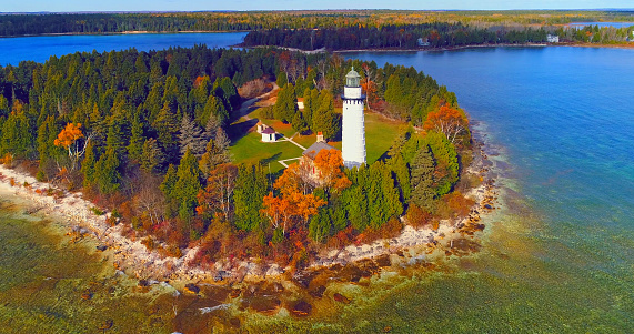 The Barnegat Lighthouse in early spring on Long Beach Island, New Jersey.