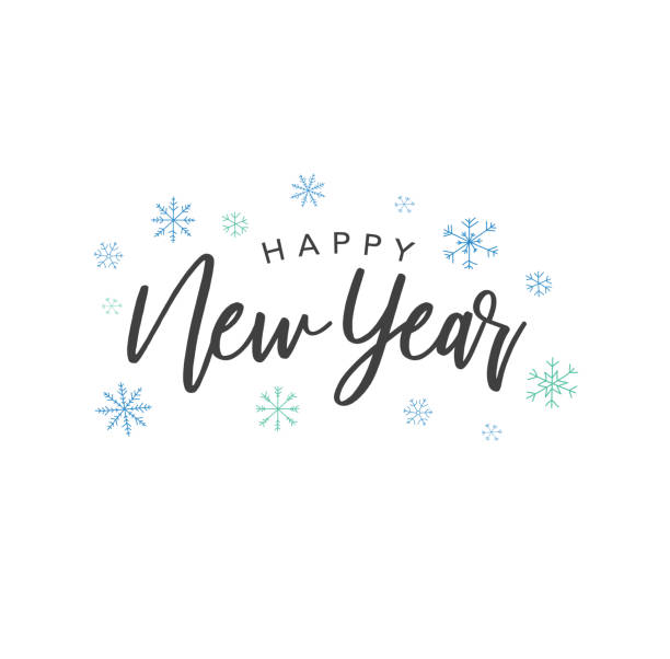 Happy New Year Calligraphy Vector Text With Colorful Hand Drawn Snowflakes Over White Happy New Year Calligraphy Vector Text With Colorful Hand Drawn Snowflakes Over White Background new years eve stock illustrations