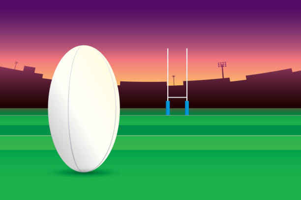 rugby Rugby ball isolated on green field and stadium on purple sky background. rugby stock illustrations
