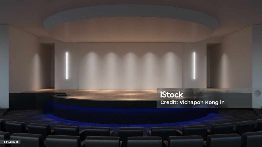 Stage mock up 3d rendering. empty wall screen template Stage - Performance Space Stock Photo