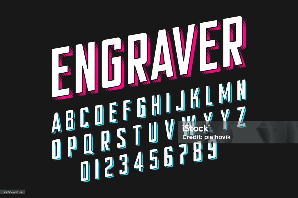 Modern engraved font Modern engraved font, alphabet and numbers vector illustration Typescript stock vector