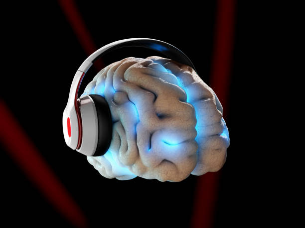 istock Human brain with headphones on black background,3D illustration 889246946