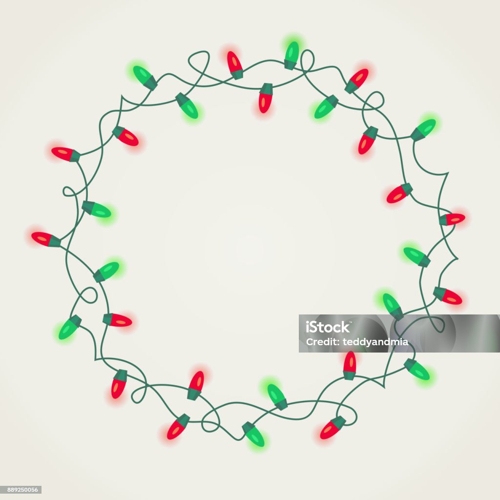 Circle frame of green and red Christmas lights on white background. Circle frame of green and red Christmas lights on white background. Vector illustration for greeting cards, banners, design templates. Christmas Lights stock vector