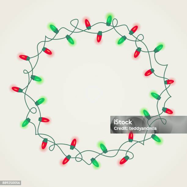 Circle Frame Of Green And Red Christmas Lights On White Background Stock Illustration - Download Image Now