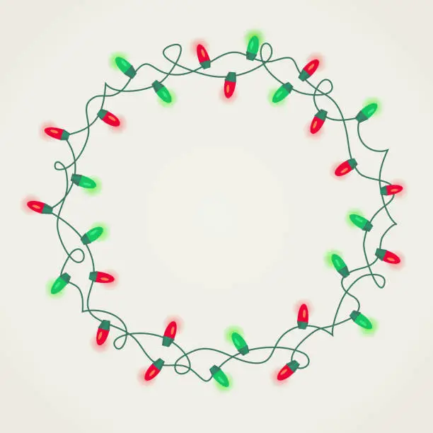 Vector illustration of Circle frame of green and red Christmas lights on white background.