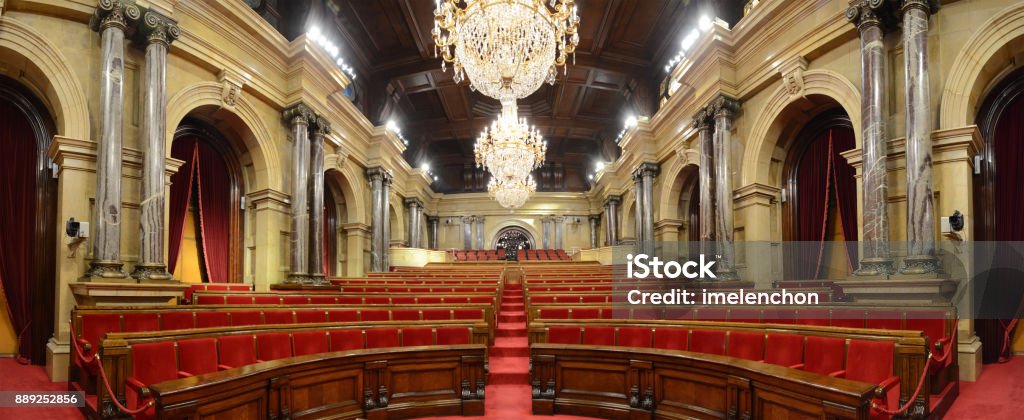 Parliament of Catalonia - Plenary Hall Plenary hall of the Catalonian Parliament from lectern Parliament Building Stock Photo