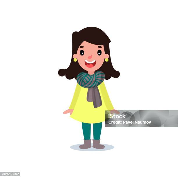 Ilustración de Personaje Femenino En La Capa Amarilla Pantalón Verde  Bufanda De Rayas Y Botas Chica