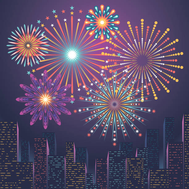 горизонт города с фейерверком - firework display pyrotechnics building exterior design stock illustrations