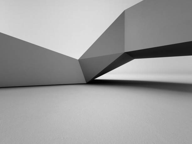 istock Geometric shapes structure on concrete floor with empty gray wall background in hall or modern showroom, Construction technology for future architecture - Abstract interior design 3d illustration 889286702