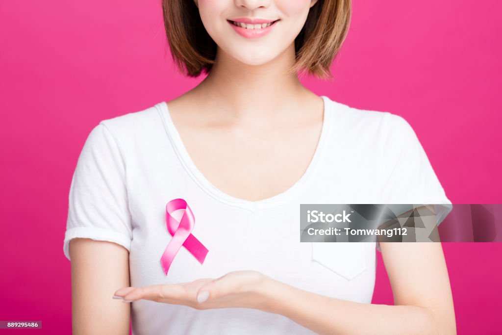 Woman hand showing pink breast cancer awareness ribbon Breast Stock Photo