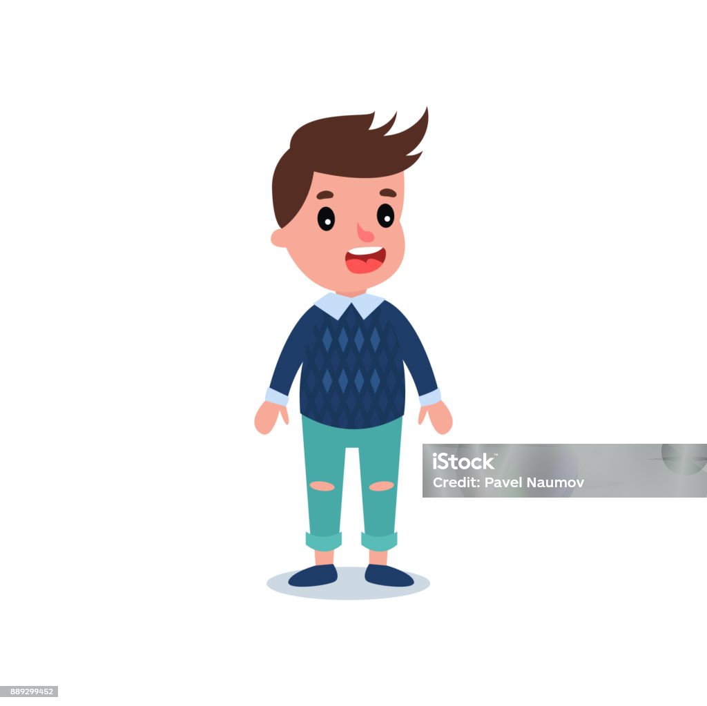 Stylish Little Kid Wearing Casual Clothes Blue Sweater With Shirt And  Ragged Jeans Cartoon Boy Character With Happy Face Expression Flat Vector  Design Stock Illustration - Download Image Now - iStock