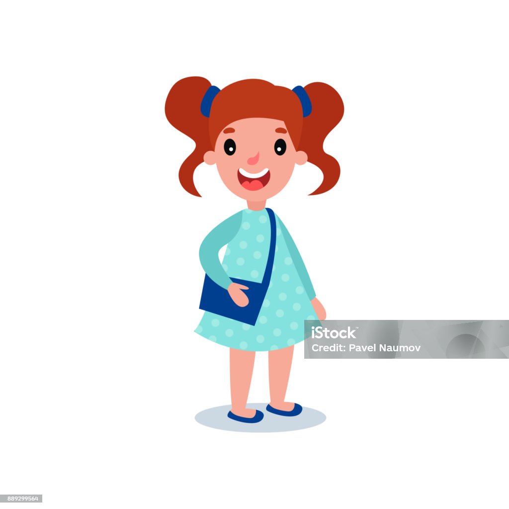 Little Brunette Girl In Casual Outfit Blue Polkadot Dress And Cross Body  Handbag Cartoon Kid Character With Happy Face Expression And Cute Twin  Tails Flat Vector Stock Illustration - Download Image Now -