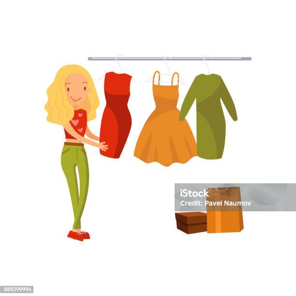  Ilustración de Mujer Elegir Vestido Durante Compras Niña Comprando Ropa En Una Ilustración De Vector De Dibujos Animados De Centro Comercial y más Vectores Libres de Derechos de Alemania