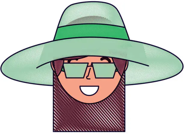 Vector illustration of happy face woman wearing hat and sunglasses