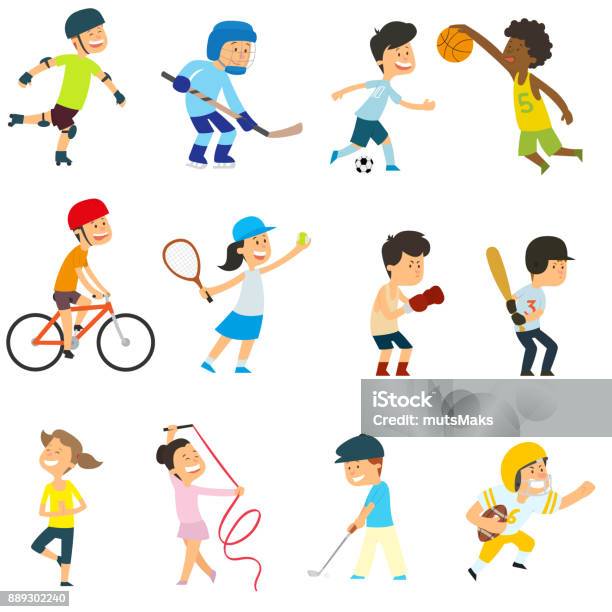 Ilustración de Deportes Niños Están Activamente En Deportes y más Vectores Libres de Derechos de Niño - Niño, Jugar, Deporte