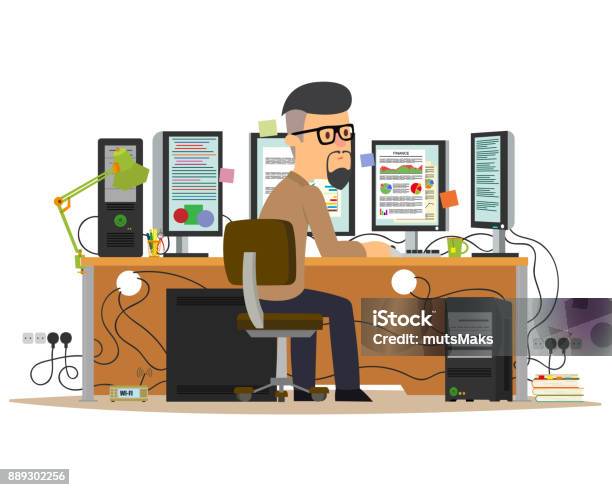 Man Working On The Computer Stock Illustration - Download Image Now - Behind, Computer, Accounting Ledger