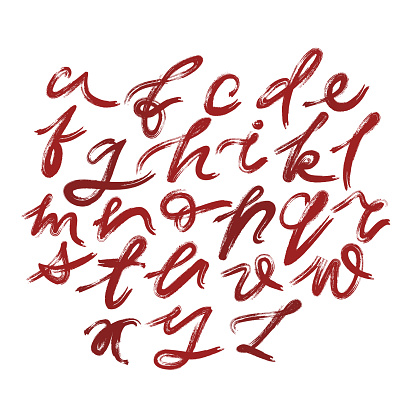 Vector set of lowercase handwritten expressive letters with unpainted areas drawn by semi-dry brush.