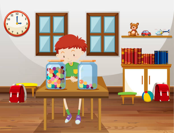 Boy and two jars with marbles in classroom Boy and two jars with marbles in classroom illustration marble table background stock illustrations