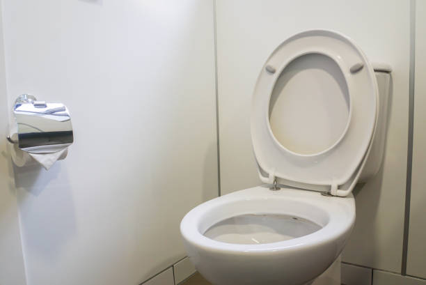 white toilet bowl with tissue for sanitary stock photo
