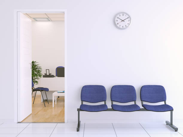 banc à l’extérieur du bureau en attente - waiting room doctors office empty nobody photos et images de collection