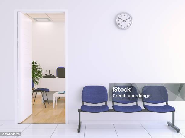 Waiting Bench Outside Of Office Stock Photo - Download Image Now - Waiting Room, Doctor's Office, Chair
