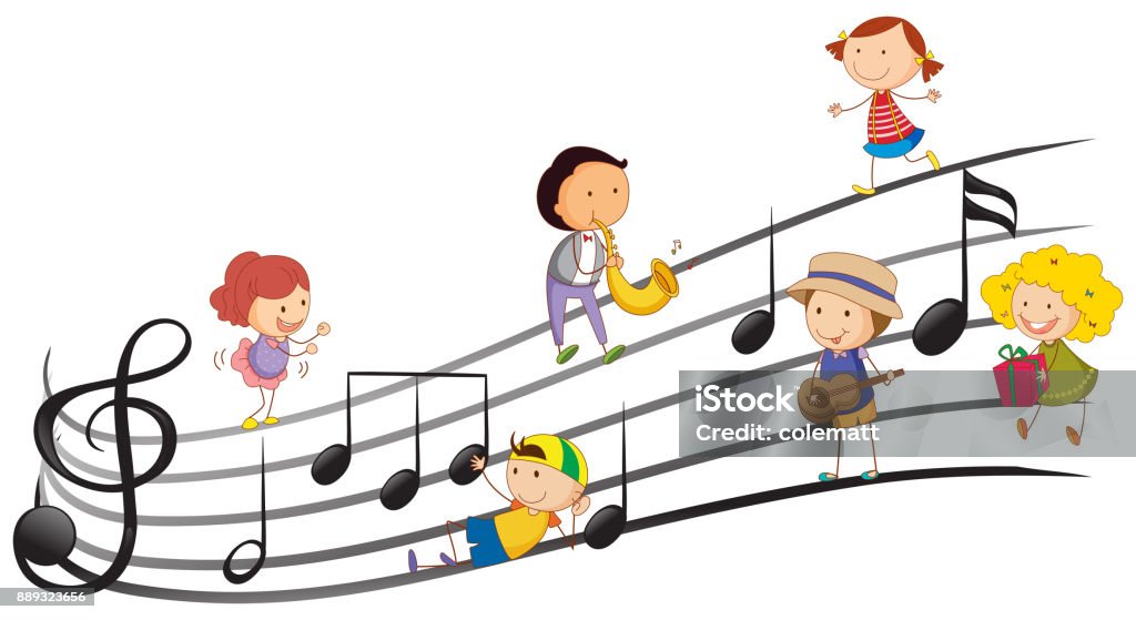 Playing Instruments Following Notes People Playing Musical Instruments With Music Notes In Background Stock ...