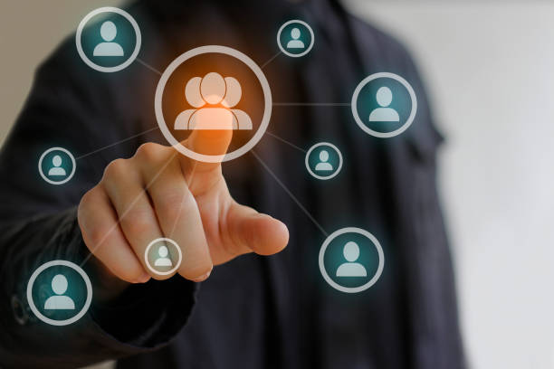 istock Business man in black pressing Social network icon 889362214