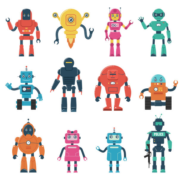satz von roboter-zeichen - roboter stock-grafiken, -clipart, -cartoons und -symbole
