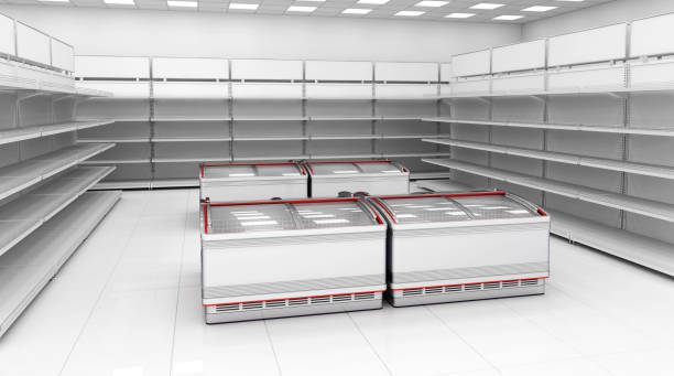 istock Interior empty supermarket with  showcases and freezer bonnet 889377852