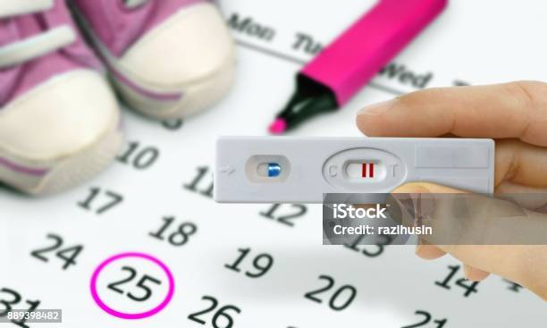 Woman Hand Holding Test Kits With A Positive Pregnancy Test Stock Photo - Download Image Now