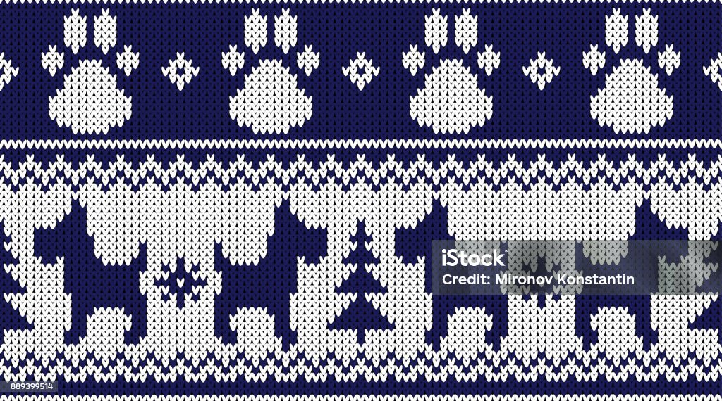 Seamless Knitted Dog Christmas Tree And Dogs Paw 2018 Happy New Year  Pattern Blue White Vector Illustration Stock Illustration - Download Image  Now - iStock