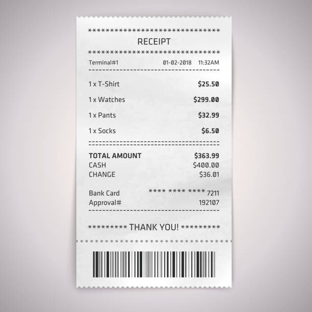 ilustrações de stock, clip art, desenhos animados e ícones de realistic paper shop receipt. vector cashier bill on white background - bar code illustrations