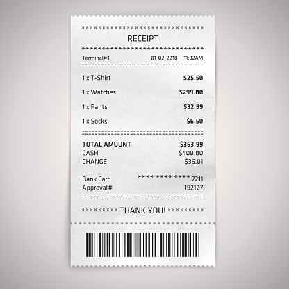 Realistic paper shop receipt. Vector cashier bill on white background