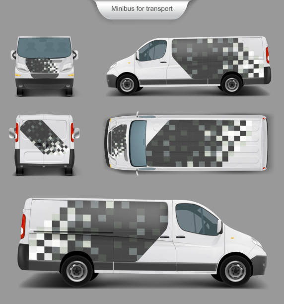 weißer minivan vorne, hinten, seitenansicht - van white truck mini van stock-grafiken, -clipart, -cartoons und -symbole