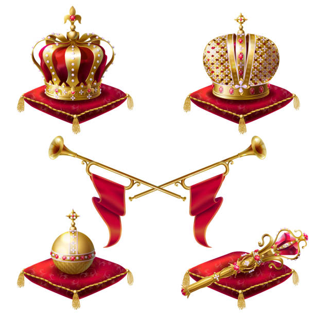 ilustrações de stock, clip art, desenhos animados e ícones de royal golden crowns, fanfares, scepter and orb - red crowned