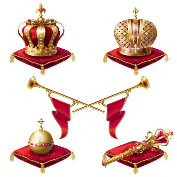 Royal golden crowns, fanfares, scepter and orb Royal golden crowns with jewels, fanfares, scepter and orb on red velvet pillows, set of vector realistic icons isolated on white background. Heraldic elements, monarchic symbols sceptre stock illustrations