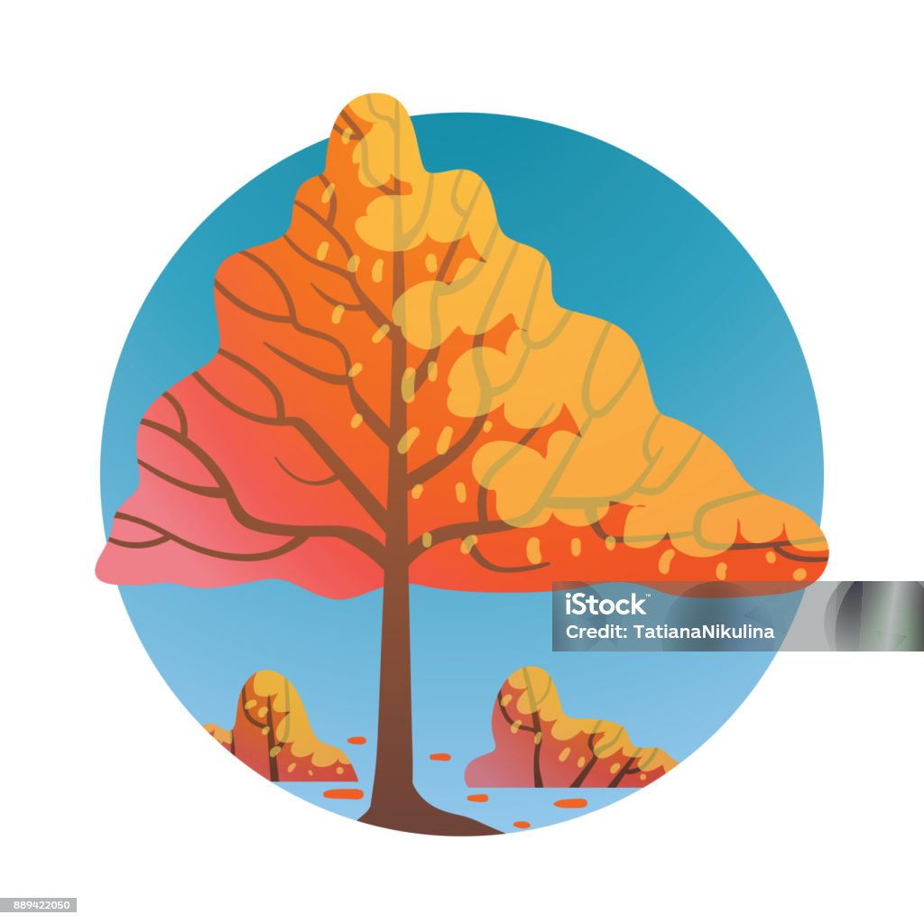 Triangular Tree Cartoon Round Blue Label Bright Orange Triangular Tree Stock Illustration ...