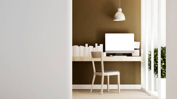 workplace and brown wall in home or apartment - Interior design for artwork - 3D Rendering
